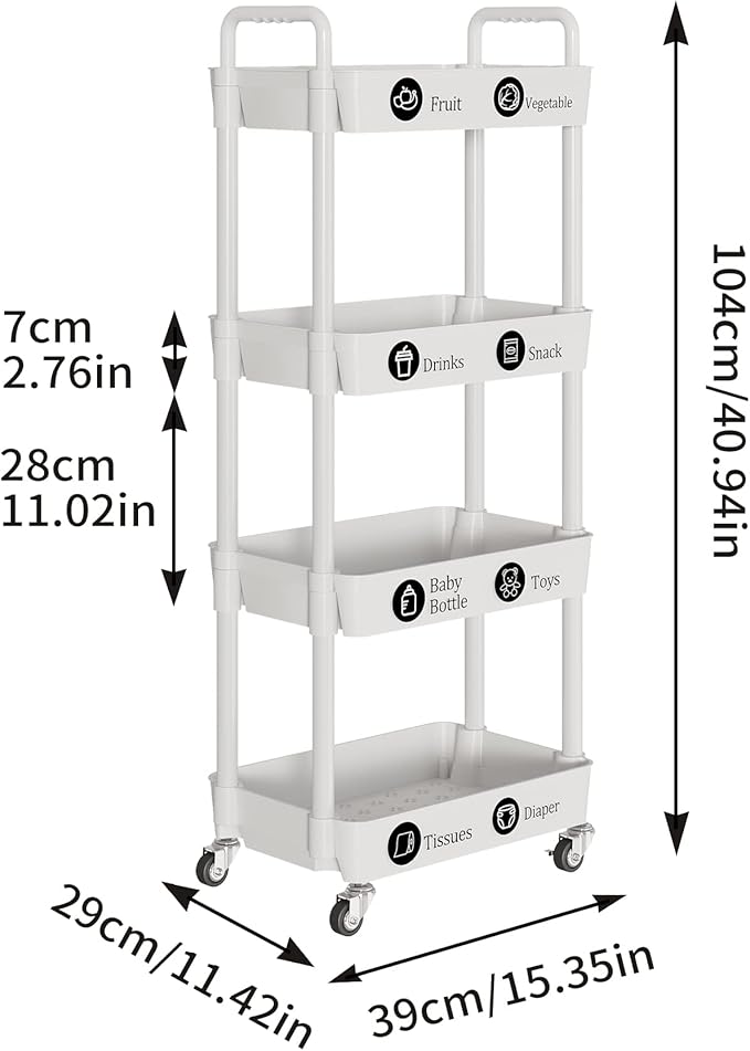 Laiensia 4-Tier Storage Cart,Multifunction Utility Rolling Cart Kitchen Storage Organizer,Mobile Shelving Unit Cart with Lockable Wheels for Bathroom,Laundry,Living Room,With Classified Stickers,White