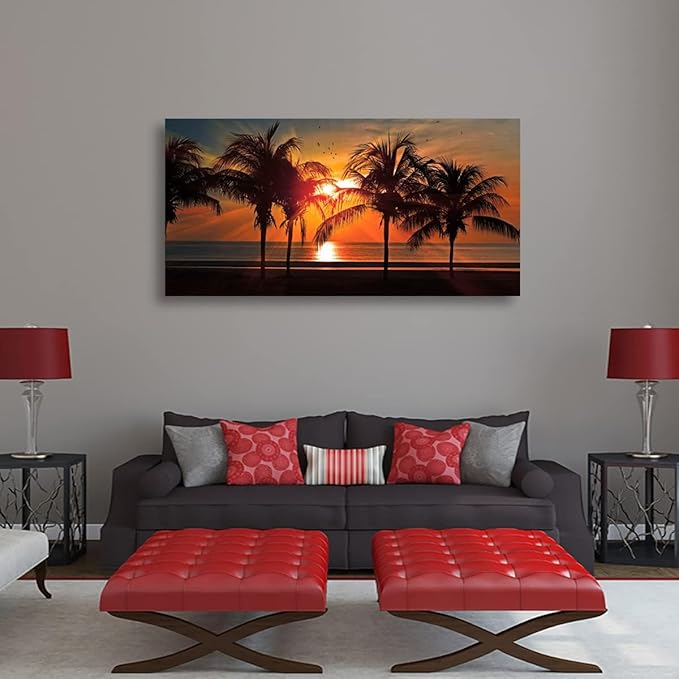 Beach Canvas Wall Art Seascape Theme Pictures Home Decor Blue Ocean Coconut Tree Sunset Prints Paintings for Living Room Bathroom Bedroom Kitchen Office Decoration Natural Scenery Artwork 28x57 inches