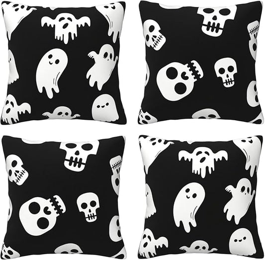 Halloween Pillow Covers 16x16 inch Set of 4, Linen Outdoor Farmhouse Cute Ghost Vintage Skull Spooky Party Supplies Black and White Decorations for Sofa Couch
