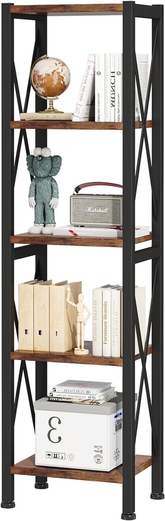 Homeiju 5-Tier Narrow Bookshelf, Ladder Bookshelf, Tall Bookshelf for Bedroom with Open Shelves, Office Bookshelf, Industrial Standing Bookshelf for Bedroom, Living Room and Home Office