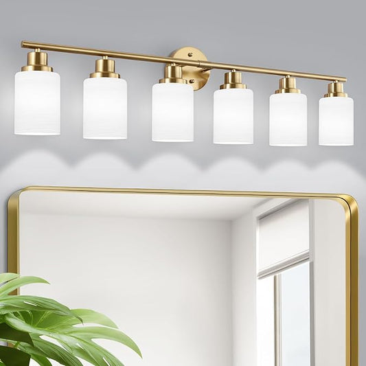 6-Light Vanity Lights, Brushed Gold Bathroom Light Fixture with Striped Textured Milky White Glass Shade, E26 Wall Sconce, Modern Vanity Lighting Fixture for Bathroom Wall Light Over Mirror