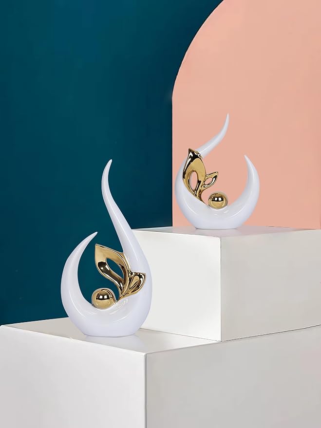 2 PCS White Home Decor Accent White and Gold Dining Table Centerpiece Decor Ceramic Mid Century Modern Bookshelf Decor Decorations Sculpture Centerpieces for Entryway Living Room Coffee Shelf Office