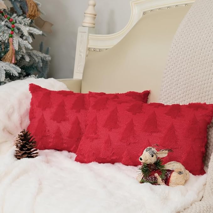 GEEORY Christmas Tree Throw Pillow Covers 12x20 Inch Set of 2, Xmas Winter Soft Plush Faux Fur Wool Decorative Farmhouse Holiday Cushion Case for Home Decoration (Red) GC005-12