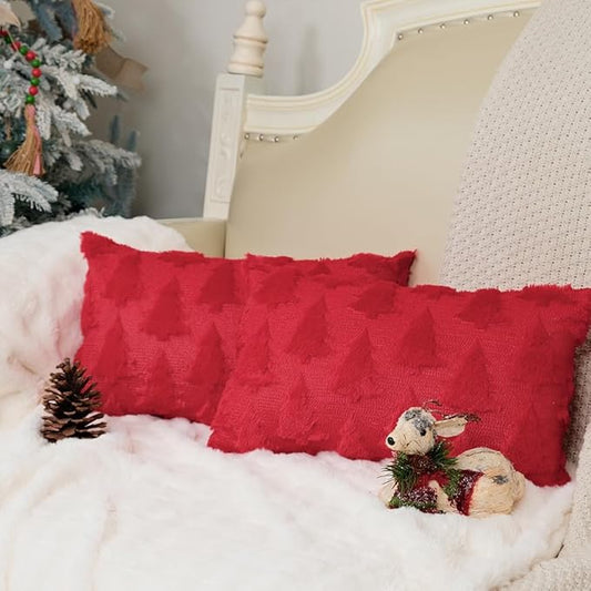 GEEORY Christmas Tree Throw Pillow Covers 12x20 Inch Set of 2, Xmas Winter Soft Plush Faux Fur Wool Decorative Farmhouse Holiday Cushion Case for Home Decoration (Red) GC005-12