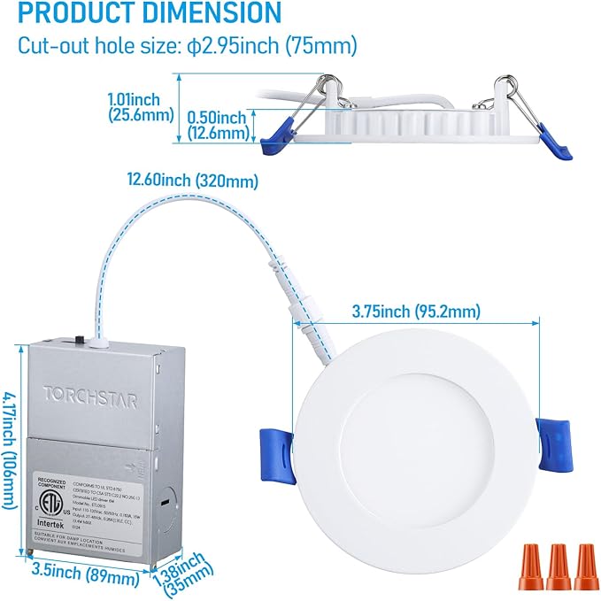 TORCHSTAR 12-Pack 5CCT 3 Inch Ultra-Thin LED Recessed Lighting with Junction Box, CRI90, Aluminum, 2700K3000K3500K4000K5000K, 5%-100% Dimmable Slim Recessed Downlight, 6W 450LM, ETL & ES