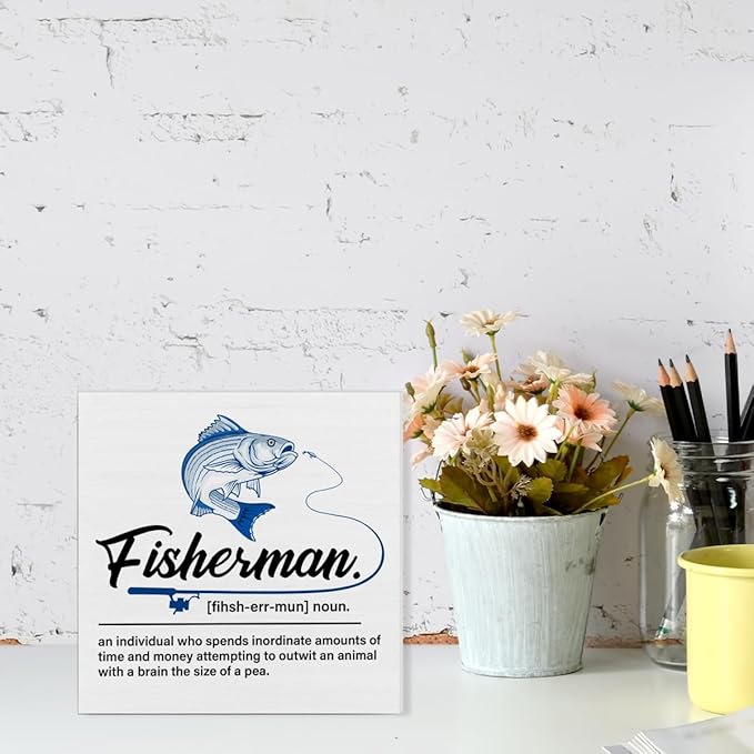Fisherman Sign Decor Fisherman Definition Wood Block Sign Summer Decoration for Home Desk Table Shelf Wall Decor