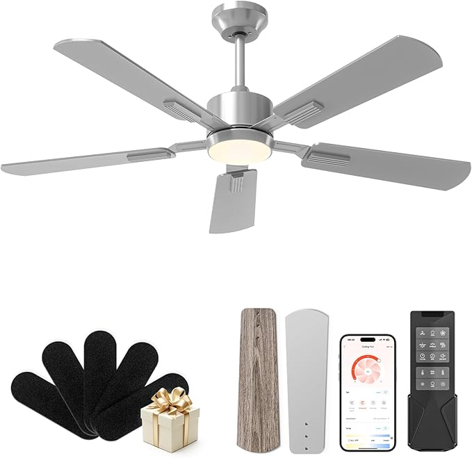 CubiCubi Ceiling Fans with Lights, 52 inch Ceiling Fan with light and Remote/APP Control, 3CCT, Dimmable, Quiet, Reversible, Modern Ceiling Fans for Indoor Bedroom, Living Room, Kitchen, Silver
