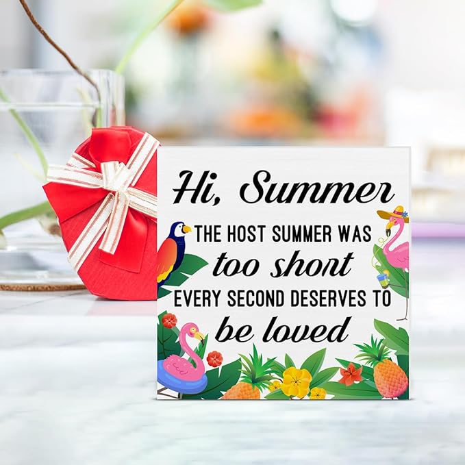 Summer Decorations Summer House Wood Block Sign Flamingo Decor for Home Desk Table Shelf 5 x 5 Inches