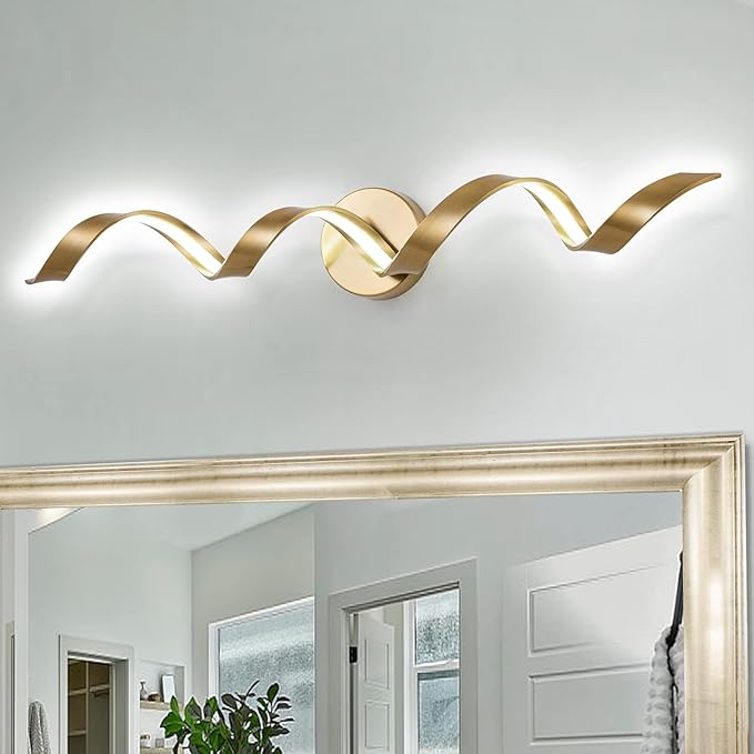 Dimmable Modern LED Bathroom Vanity Light 32 inch, 20W Spiral Design Gold Wall Light Fixtures for Bathroom, Living Room and Hallway, 6000K White Light