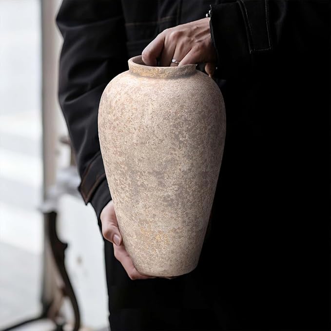 Ceramic Flower Vase Home Decor - 9.2 inch Large Farmhouse Table Vases, Rustic Decorative Vases for Kitchen Living Room Coffee Dining ShelfMantel Decoration