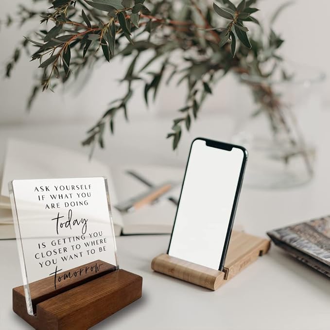 Inspirational Quotes Desk Sign, Motivational Minimalist Decor Art Acrylic Plaque With Wooden Stand Sign Home Office Desk Sign Gift for Women Colleague Friend Cowoker