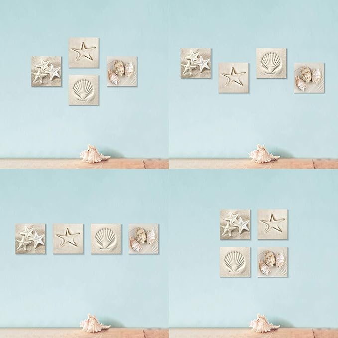 Coastal Serene Canvas Wall Art: Shells on Beach Sand Giclee Print Painting for Wall Decor for SPA Room (12''x12''x4pcs)