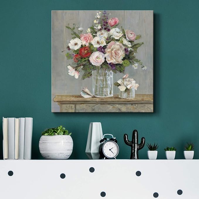 Wexford Home Square Premium Gallery Wrapped Canvas Flower Multicolor Wall Art Abstract Floral Romance Modern Pictures Print for Home Office, Ready to Hang, cottage collection, 16x16