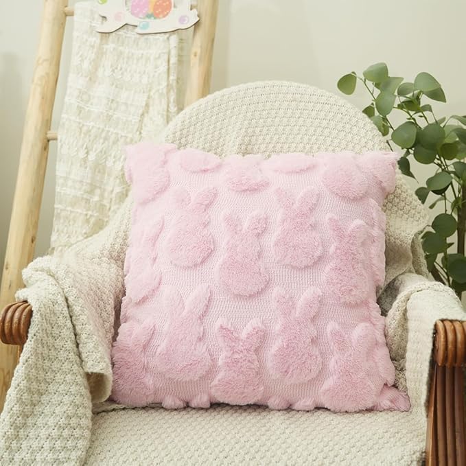 GEEORY Easter Bunny Soft Plush Pillow Covers, 16 x 16 Inch Set of 2, Fluffy Faux Fur Wool Decorative Farmhouse Cushion Case for Sofa Home Decoration Pink GC015-16