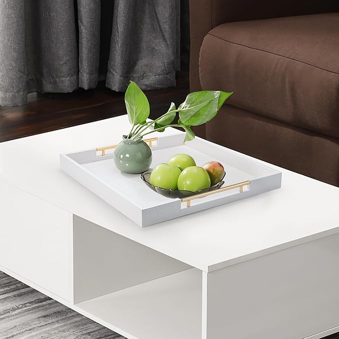 White Leather Large Ottoman Tray for Living Room,Stylish Square Decorative Tray for Coffee Table,Versatile Serving Trays with Handles for Party
