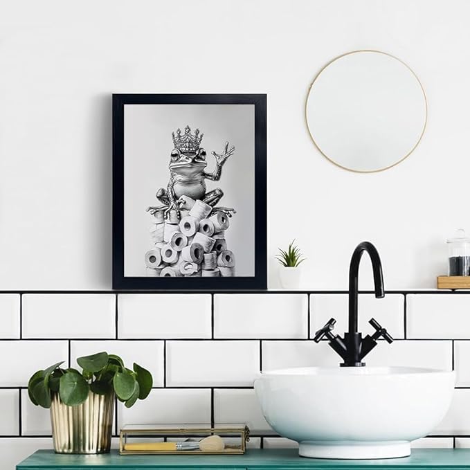 Framed Bathroom Decor Wall Art Wear Crown Frog Toilet Paper Pile - Playful Bathroom wall decor Animal Art black and white canvas wall art print can be hung directly - Frame, 16 "x 20"