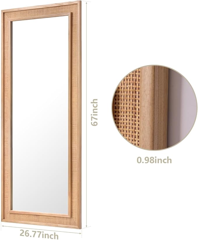 Rattan Full Length Mirror 27"x67" Long Mirror Wood Framed Large Hanging Wall Mounted Mirror Full Body Mirror Decorative Rectangle Floor Mirror Leaning Against Wall for Bedroom Living Room
