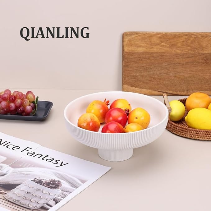 QIANLING Modern Decorative Bowl - Ribbed White Fluted Pedestal Bowl, Multi-Functional Fruit Bowl, Key Bowl, Candy Dish, Ideal for Entryway Table, Kitchen Counter, Living Room, Coffee Table Decor