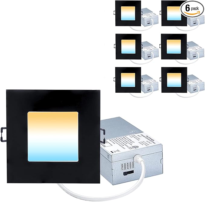 Recessed Lighting 4-inch Square-LED - Canless Recessed Light Fixture, Dimmable Ceilling Light with Junction Box, 2700|3000|3500|4000|5000K, 9W, Black, 6P