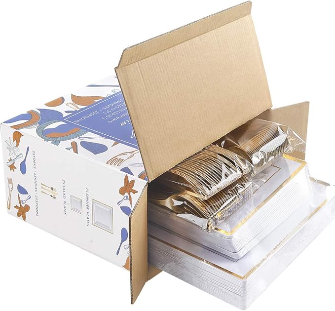 WDF 125pcs Gold Plastic Plates Set - Gold Rimmed Dinner & Salad Plates, Silverware (25 Forks, Knives, Spoons) for Thanksgiving