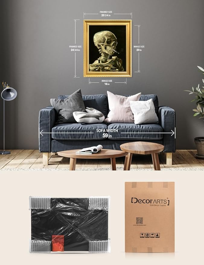 DECORARTS - Head of a Skeleton with a Burning Cigarette by Vincent Van Gogh. Giclee Print on Acid-Free Canvas in Gold Solid Wood Frame. Picture Size: 16x20, Total Size: 24.75x20.75, Made in USA