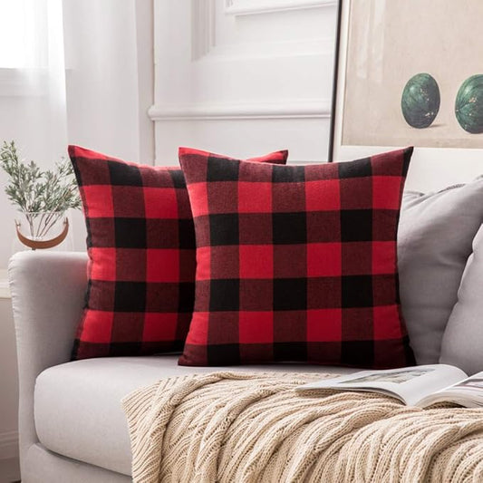MIULEE Pack of 2 Classic Farmhouse Buffalo Check Plaids Polyester Linen Soft Soild Decorative Square Throw Pillow Covers Home Decor Cushion Case for Sofa Bedroom 18x18 Inch, Black and Red