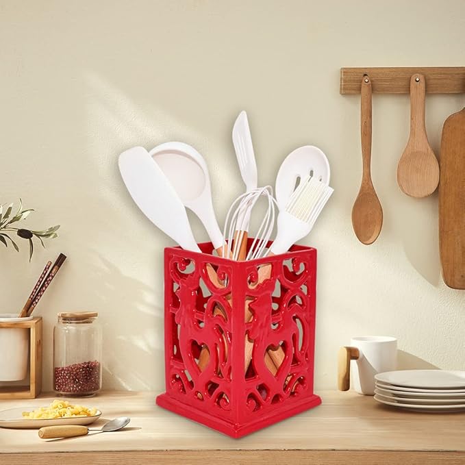 Vintage Utensil Holder for Countertop, Robust Sturdy Cast Iron Utensil Holder for Kitchen Counter Cooking Tools Crock Spoon and Spatula Holder Organizer, Red