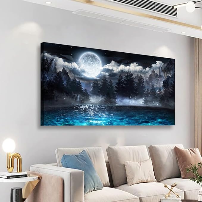 Moon Ocean Pictures Canvas Wall Art for Living room Office Bedroom Wall Decor,Ocean Wall Art Print Paintings Modern Mystery Cloud Forest Blue Lake Artwork Waterproof Ready to Hang-24X48 inch