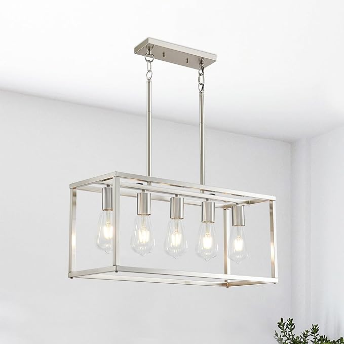 5-Light Pendant Lights for Kitchen Island Modern Dining Room Chandelier Linear Rectangular Kitchen Light Fixtures Hanging Lights for Dining Room Adjustable Height E26 Base Brushed Nickel