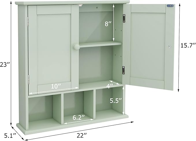 TaoHFE Green Over The Toilet Storage Cabinet with 2 Door Adjustable Shelves, White Wall Mounted Medicine Cabinet for Bathroom Laundry Kitchen