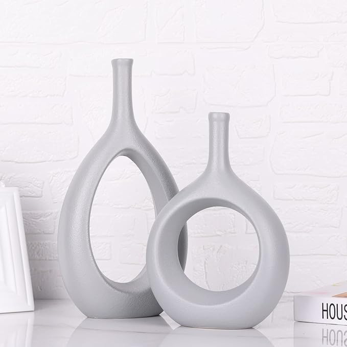 Gray Ceramic Hollow Elliptical Vase Set of 2 - Boho Circle Vase with Hole, for Modern Grey Table Decor, Living Room Decor Shelf mid Century Modern Home Entrance Decorative vase
