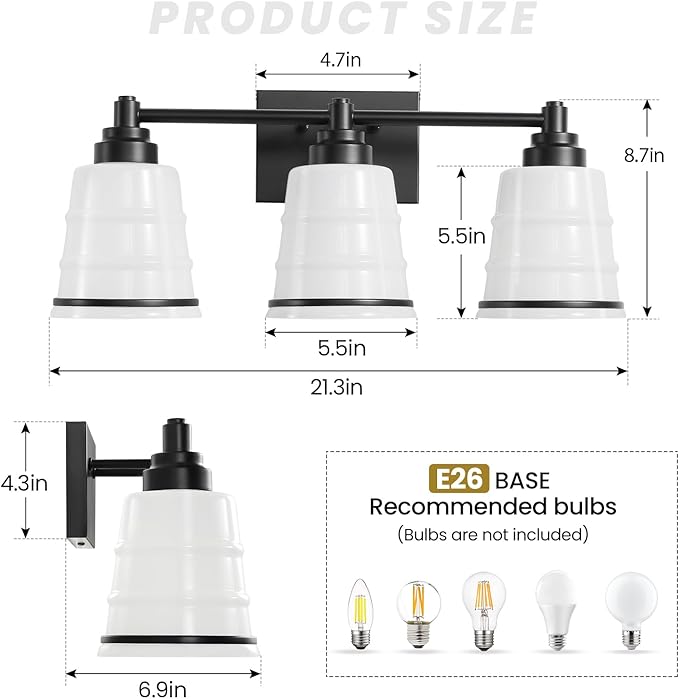 Black Bathroom Vanity Light Fixture,3 Light Bathroom Light Fixtures Over Mirror with Milky White Glass and Metal Base Wall Sconce,21.3 inch Modern Vanity Light for Bathroom (Exclude E26 Bulb)