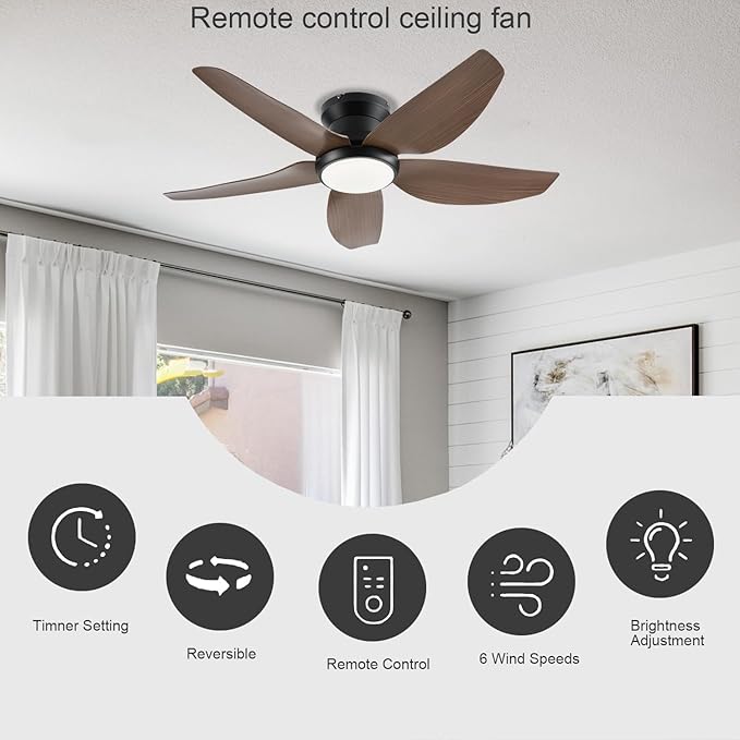 Ceiling Fans with Lights, 43 Inch Low Profile Ceiling Fan with Light and Remote/App Control, Flush Mount, Reversible DC Motor, 3CCT, Dimmable, Noiseless, Brown Ceiling Fan for Indoor/Outdoor Use