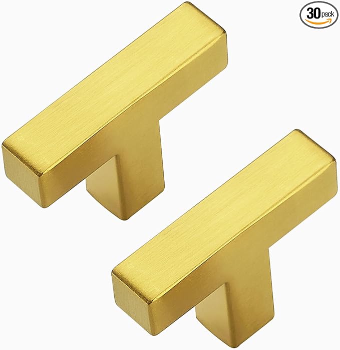 30 Pack Brushed Brass Cabinet Knobs - Kitchen Cabinet Knobs Gold Closet Pulls for Kitchen Drawer Stainless Steel 2in Length Single Hole Square