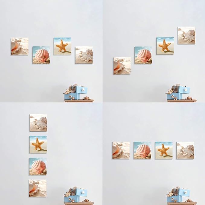 Beach Seashell Canvas artwork Painting: Coastal Seascape Conch Wall Art Print on Canvas for Bathroom (12” x 12'' x 4 Panels)