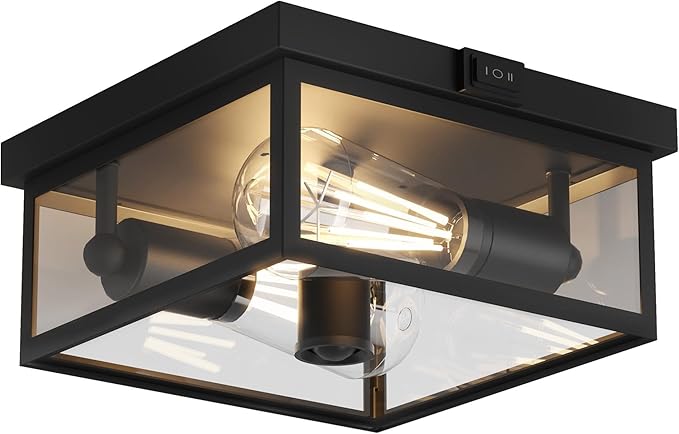 Outdoor Ceiling Light with Motion Sensor, Flush Mount Porch Light, Exterior Light Fixture with Clear Glass, Dusk to Dawn 2-Light Fixture for Patio,Porch (12 in)