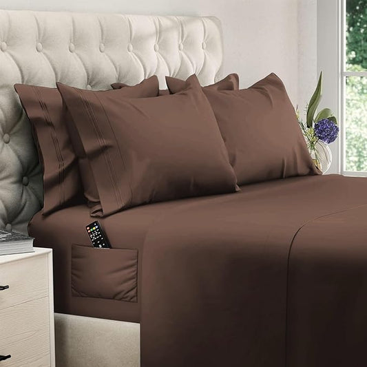 DREAMCARE King Size Sheets Set – 6 pcs Cooling Bed Sheets – up to 15” Deep Pocket King Sheet Set – 2500 Supreme Collection – Extra Soft 100% Brushed Microfiber Hotel Luxury with Side Pocket – M Brown