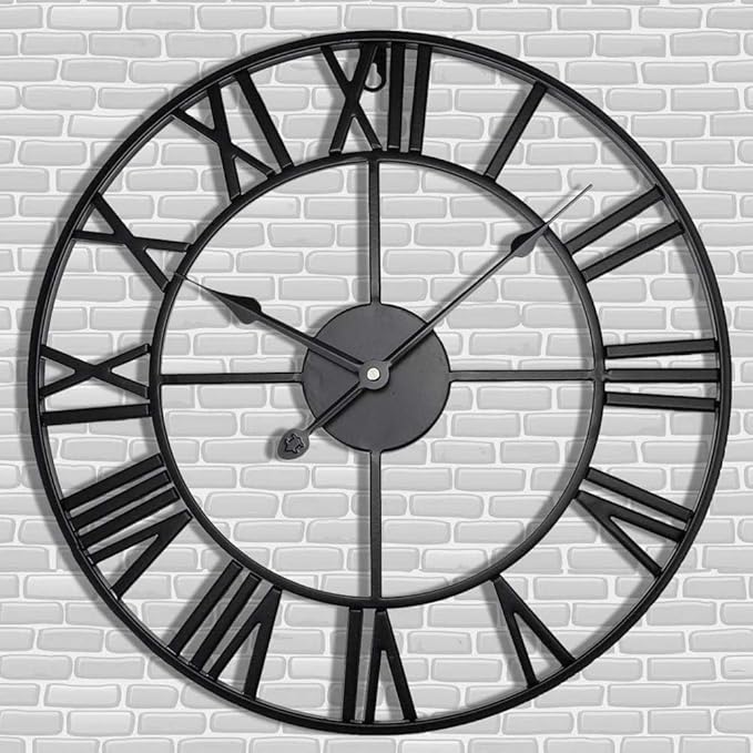Antique Tower 24 inch Large Roman Numeral Wall Clock, Indoor Outdoor Patio Waterproof Oversized Decorative Contemporary Clock, Antique Black Metal Wall Clock Battery Operated Retro Art Hanging Clock,2