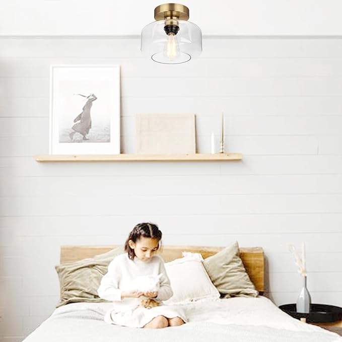 Industrial Semi Flush Mount Ceiling Light Brass, 800 Lumen LED Bulb Included, Clear Glass Shade Ceiling Light Fixture, Light Fixture for Hallway Bathroom Bedroom, Vintage Hanging Lighting