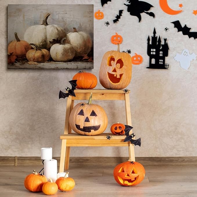 Framed Fall Wall Decor Pumpkin Still Life Canvas Paint posters Rustic Fall Art Vintage Autumn Wall Print Halloween Autumn Decor Thanksgiving 20x30 framed