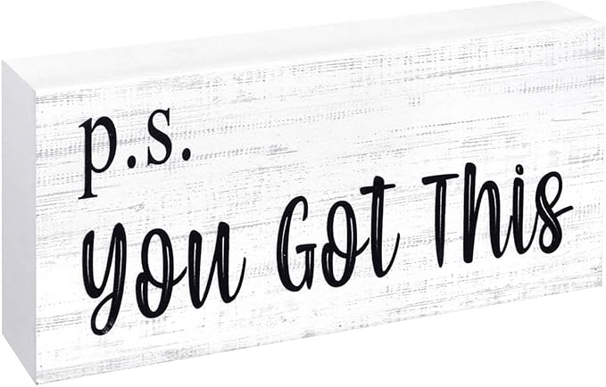 Esur Motivational Home Office Desk Decor - Farmhouse Wooden Box Sign Gift for Women - P.S. You Got This(White)