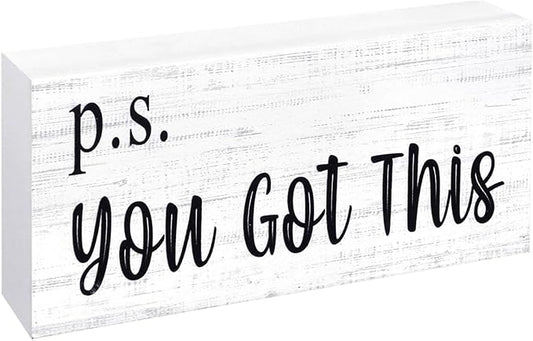 Esur Motivational Home Office Desk Decor - Farmhouse Wooden Box Sign Gift for Women - P.S. You Got This(White)