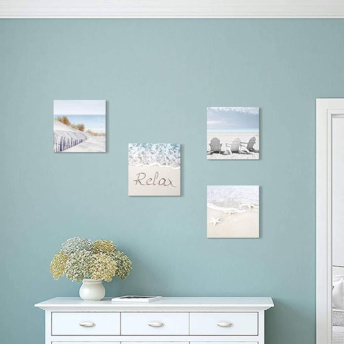 Coastal Artwork Beach Wall Art: Starfish & Chairs on Sand Painting with Word Picture on Canvas for Living Room (12” x 12'' x 4 Panels)