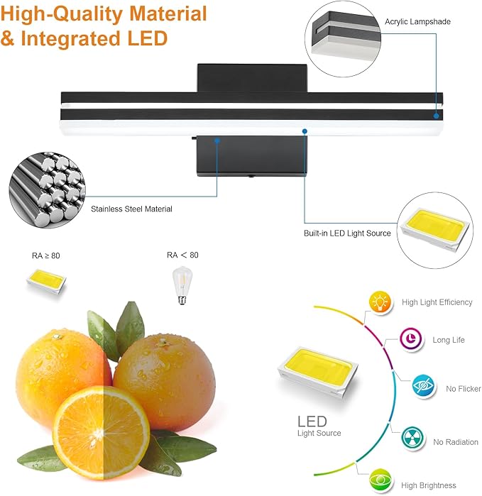 SineRise LED Modern Bathroom Vanity Light Fixtures (16-Inch, 3000K/4000K/6000K, Dimmable), Matte Black Modern Acrylic Bathroom Wall Lighting Fixtures Over Mirror