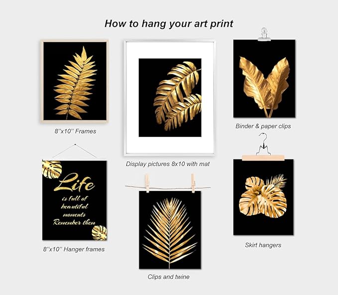 Gold Leaf Art Prints Modern Black Gold Botanical Tropical Plant Leaves Canvas Wall Art Prints,Foliage Inspirational Quotes Art for Bedroom Room Home Decor Set of 6(8"X10"Unframed)