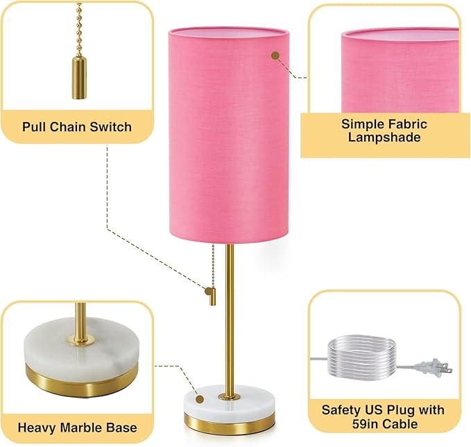 Luvkczc Minimalist Table Lamp Set of 2, Nightstand Lamp for Bedroom Living Room, Modern Pull Chain Bedside Lamp with Marble Base, Fabric Shade, Small Desk Lamp for Home, Office, Reading,Pink