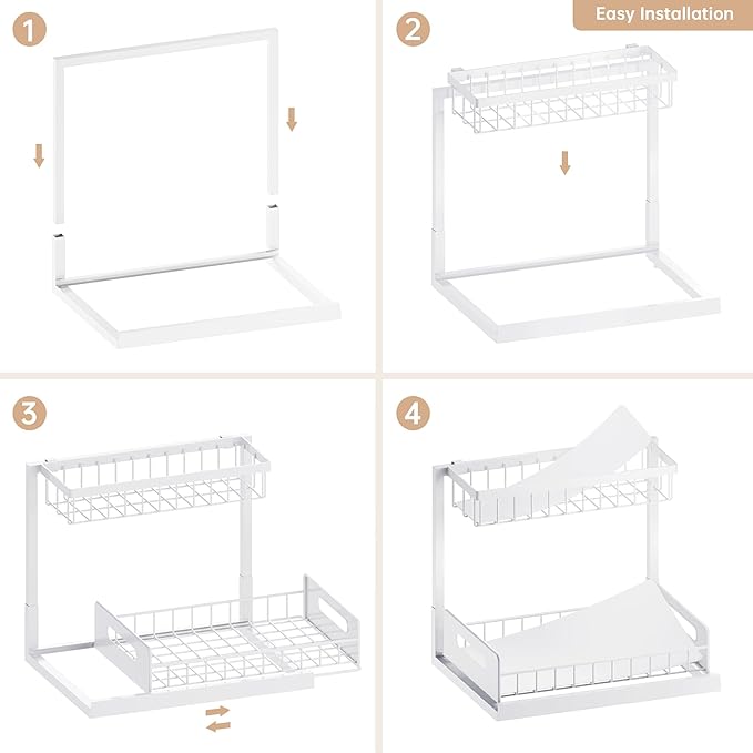 VUSIGN 2 Pack Under Sink Organizer and Storage, 2 Tier Under Cabinet Organizer for Bathroom Kitchen with Pull Out Storage Shelf Drawer, White