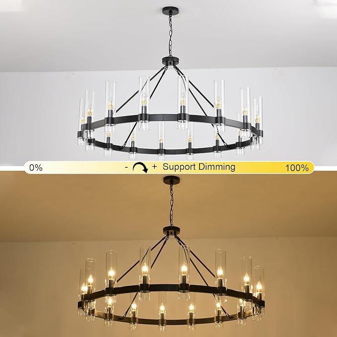 48 Inch Black Wagon Wheel Chandelier with Glass Shade, 16-Lights Black Farmhouse Chandeliers for High Ceilings, Large Round Industrial Pendant Lights for Dining Room Living Room Bedroom Foyer