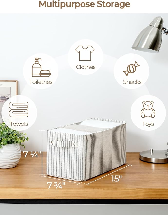 StorageWorks Narrow Storage Bins, Small Basket for Closet and Shelves, Rectangular Fabric Organizer with Handles, Toilet Paper Storage, Khaki and Beige Stripes, 2-Pack