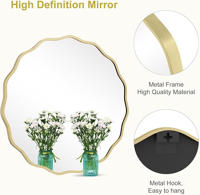 WallBeyond Round Wavy Mirror for Wall Decorative 28 inch, Modern Round Mirror Aluminum Frame for Bathroom Bedroom Living Room Home House Office Entryway, Gold